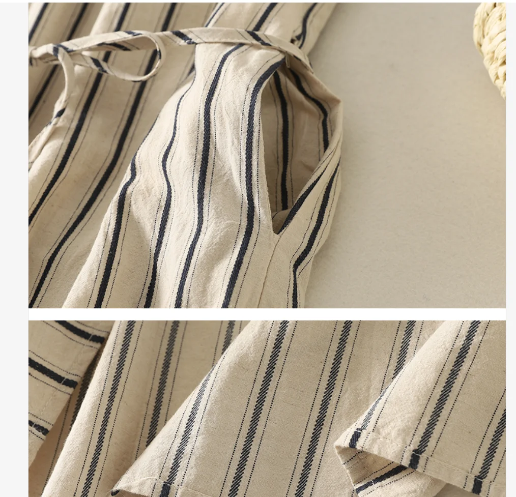 المرأة الصيف بوهو نمط مخطط طباعة أكمام القطن فستان كتان مطوي س الرقبة مستقيم البيج ميدي فستان طويل جيب حزام #4