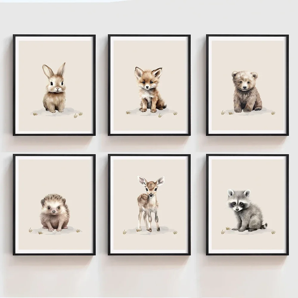 6Pcs Woodland Animal Prints Canvas Painting Nursery Wall Art Decor Forest Animal Posters Boy Girl Room Bedroom Decotation Gifts