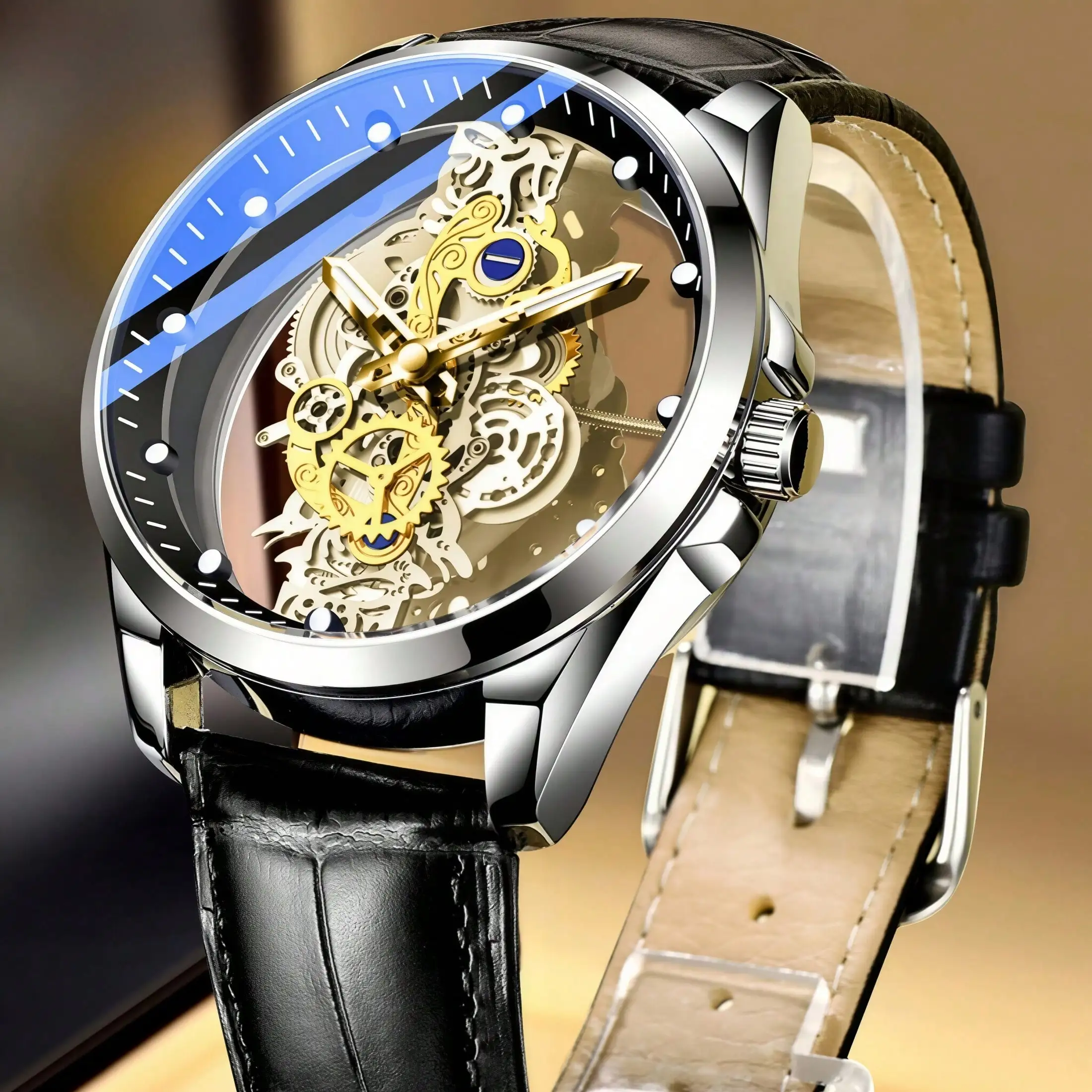 CTPOR 50M Waterproof Gold 316 Stainless Steel Skeleton Watch With Japan Imported Quartz Automatic Movement - High-Quality Built-In Long-Life Battery Mechanical Gears Display Luminous Hands Luxury Birthday Gift Husband Father's Day Wedding Souvenir