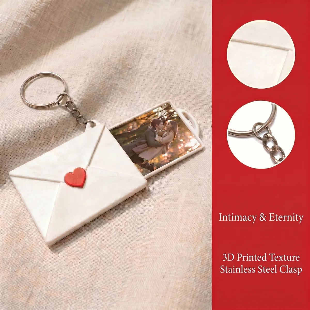 Love Envelope Photo Keychain, Letter Bag Charm with Sliding Photo Holder，1 Pack 6.8cm 3D Printed Eco-Friendly PLA