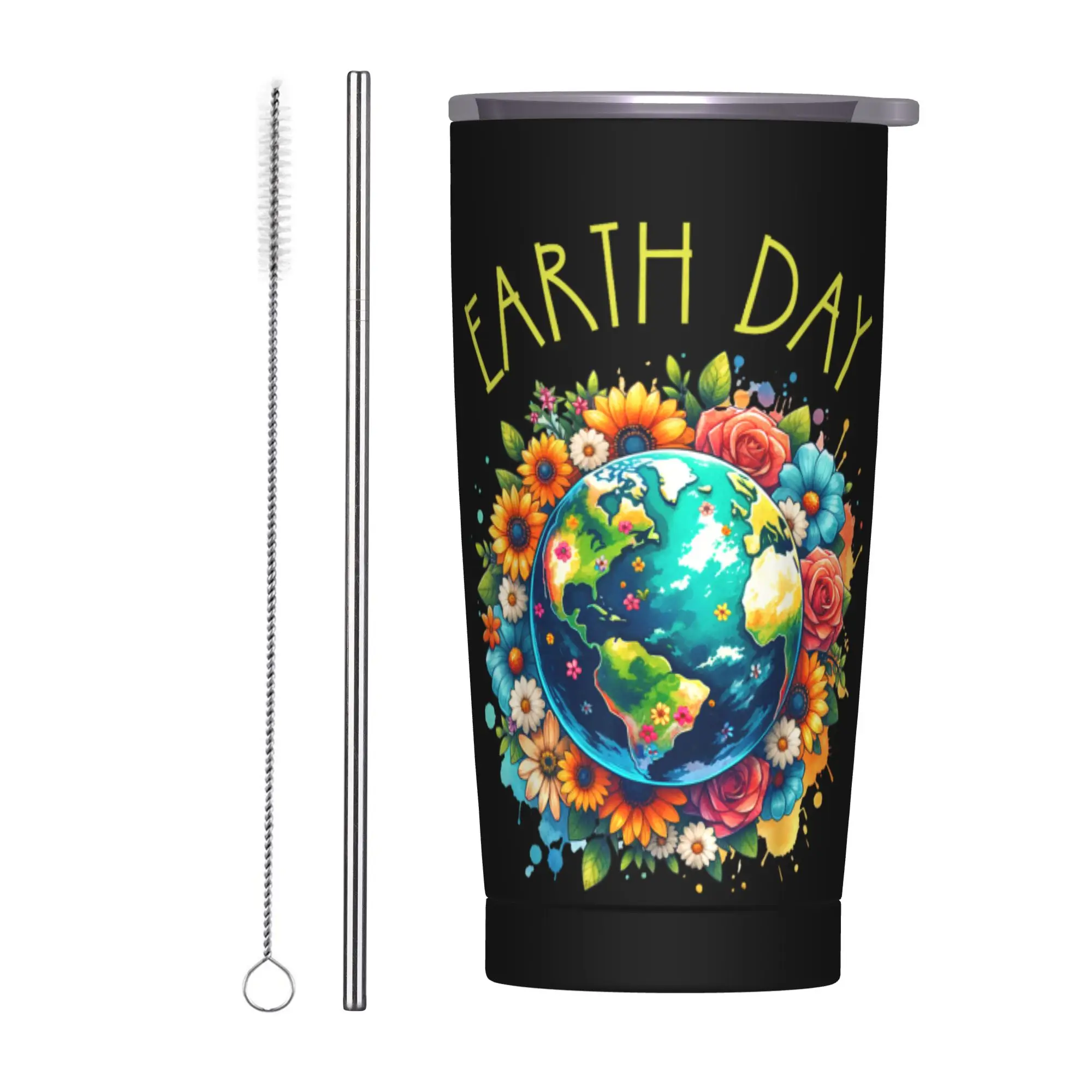 Stainless Steel Tumbler Happy Earth Day Cute Earth With Floral Coffee Mug  Keep Heat Hot Drinks Car Mugs Travel Water Bottle