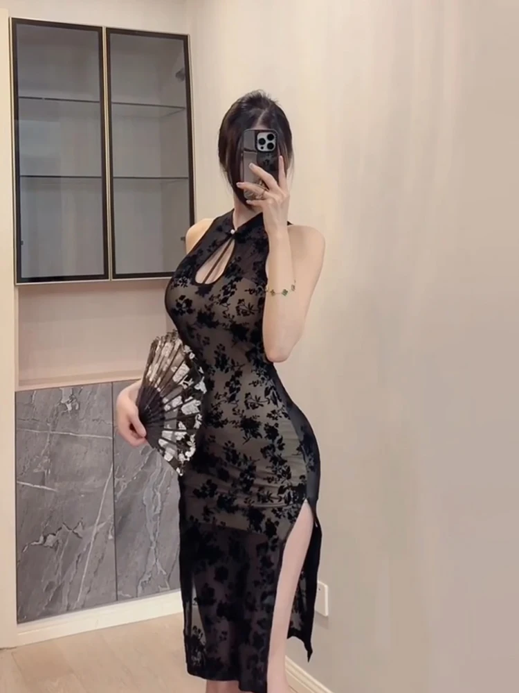 

Strive Elegant Embroidered Hollow out Qipao Skirt Women's Summer Sexy High Waist Bodycon Split Midi Dress Korean Style