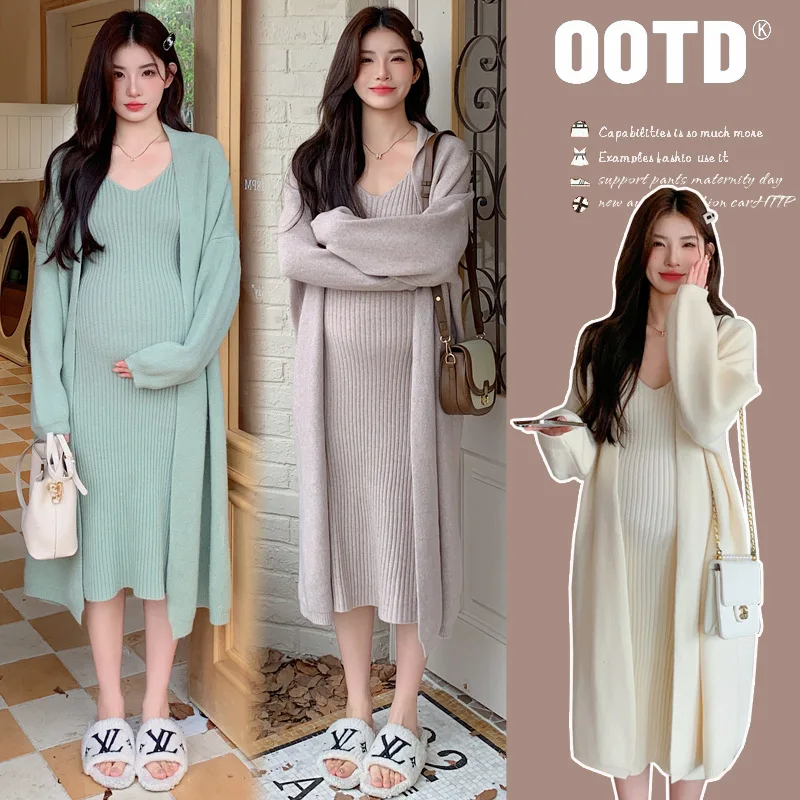 

2025 Autumn Maternity Set: Cozy Knit Cardigan + Slip Dress - Soft Milk Series Two-Piece Pregnancy Outfit for Chilly Days