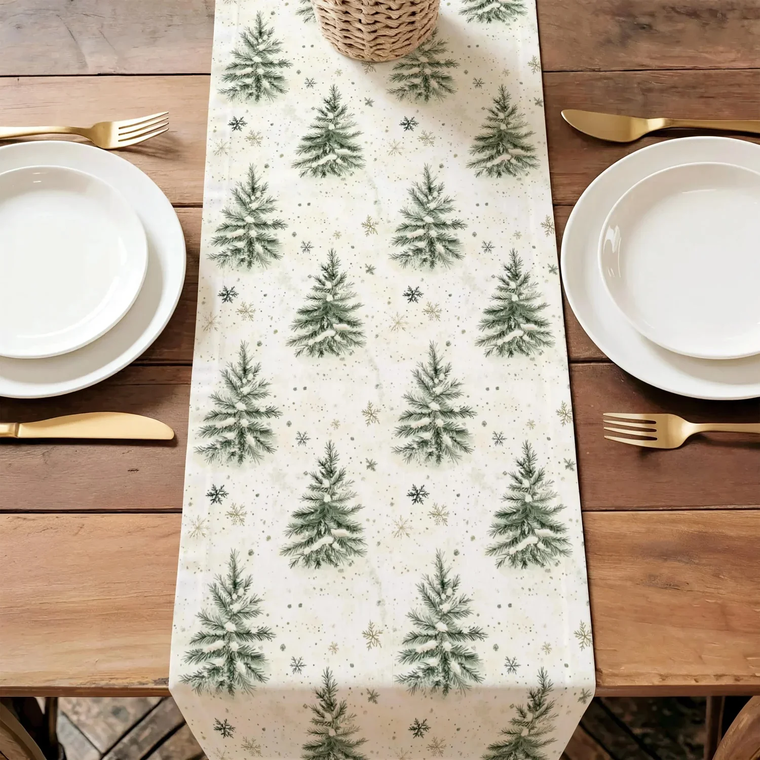 Christmas Tree Table Runner Green White Gold, Holiday Table Decor, Winter Tablecloth Table Runner Green White Gold, Holiday Tabl