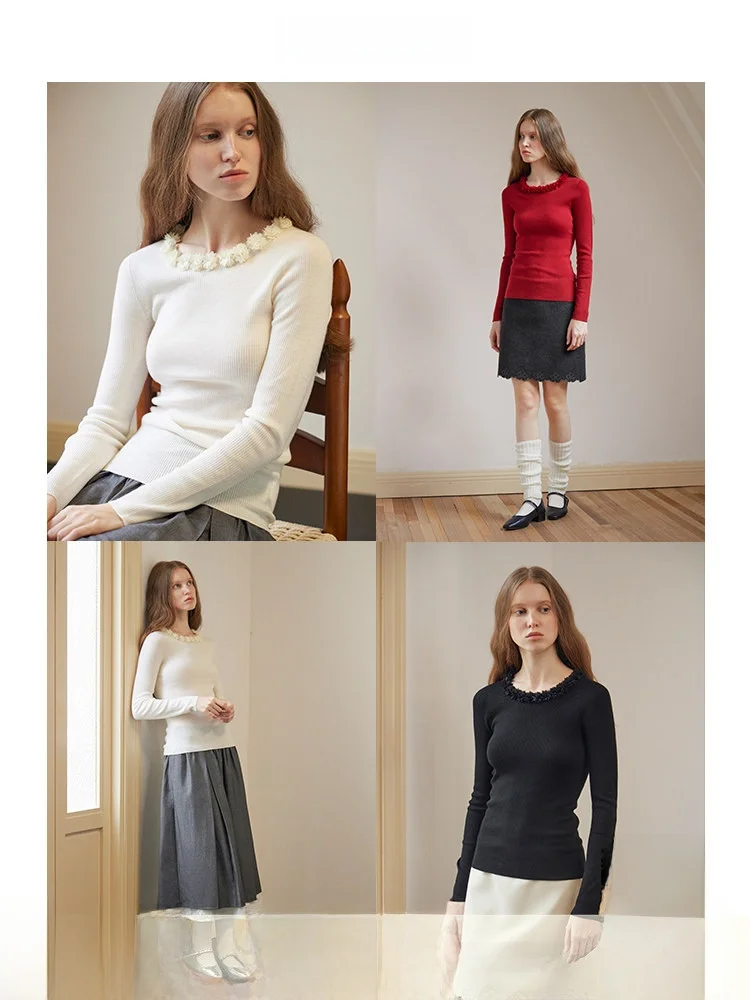 

ForPoem Original Design Sl One-Piece Beautiful Merino Wool Lace Collar Knitted Base irt Slim Fit Long Sve round Ne