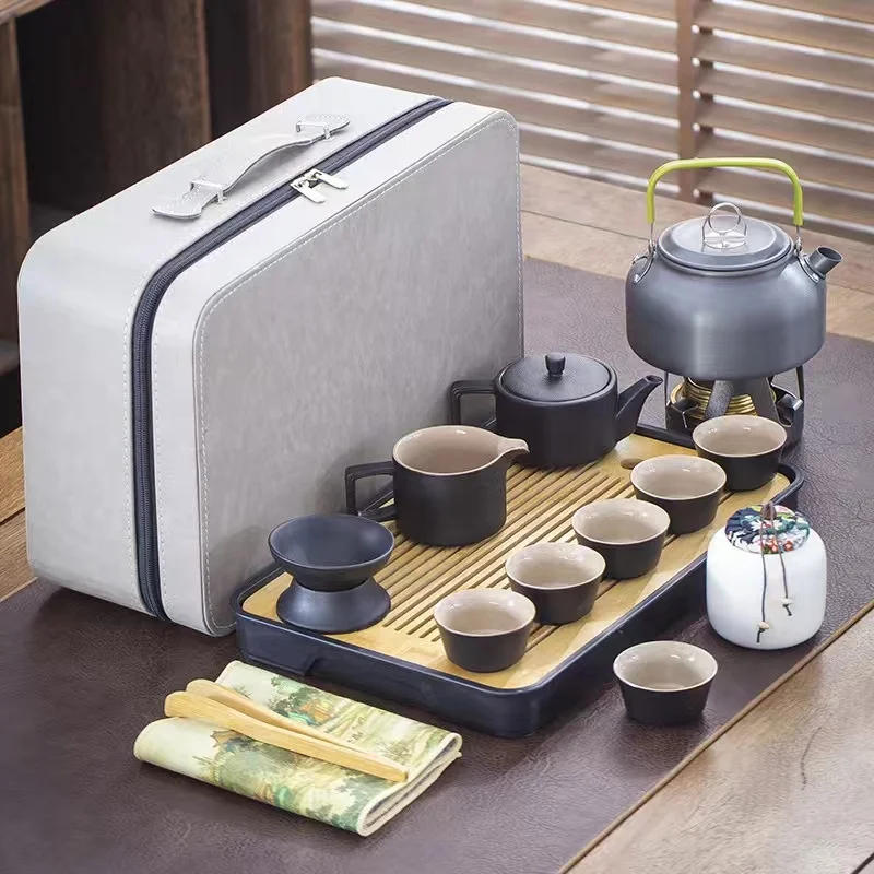 Outdoor travel tea set, black pottery nine-piece set with box, tea maker, camping hot water equipment, portable