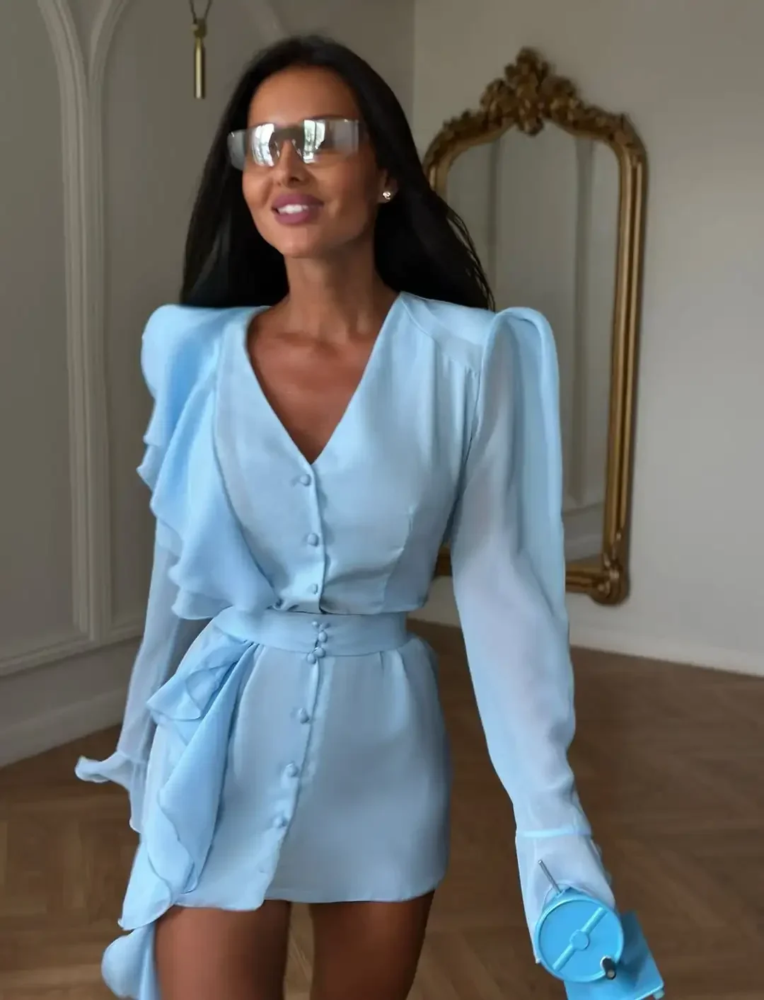 2026 Light Blue Ruffled Chiffon Dress V-neck Puff Long Sleeve Flutter Waist-cinching Mini Dresses Date Vacation Fashion Vestido