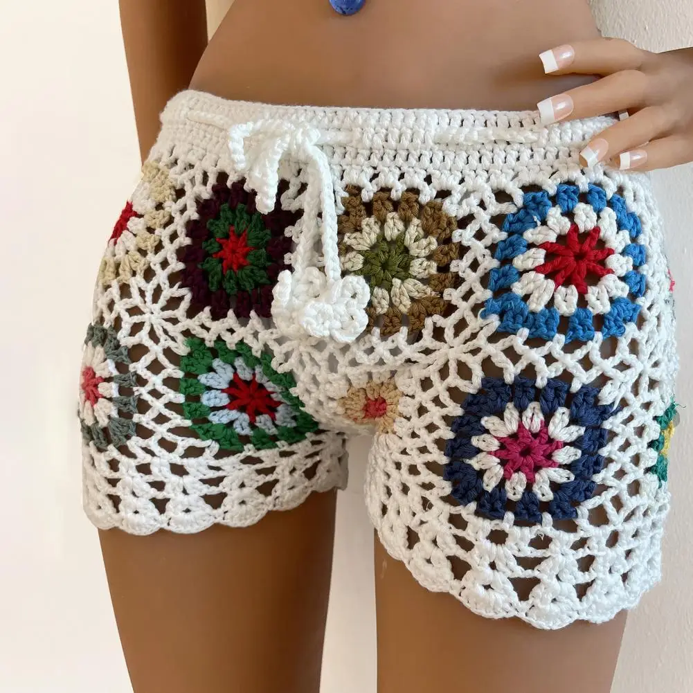 Women Crochet Beach Shorts Slim Fit Hollow Out Vacation Shorts Colorful Print Drawstring Elastic Waist High Waist Short