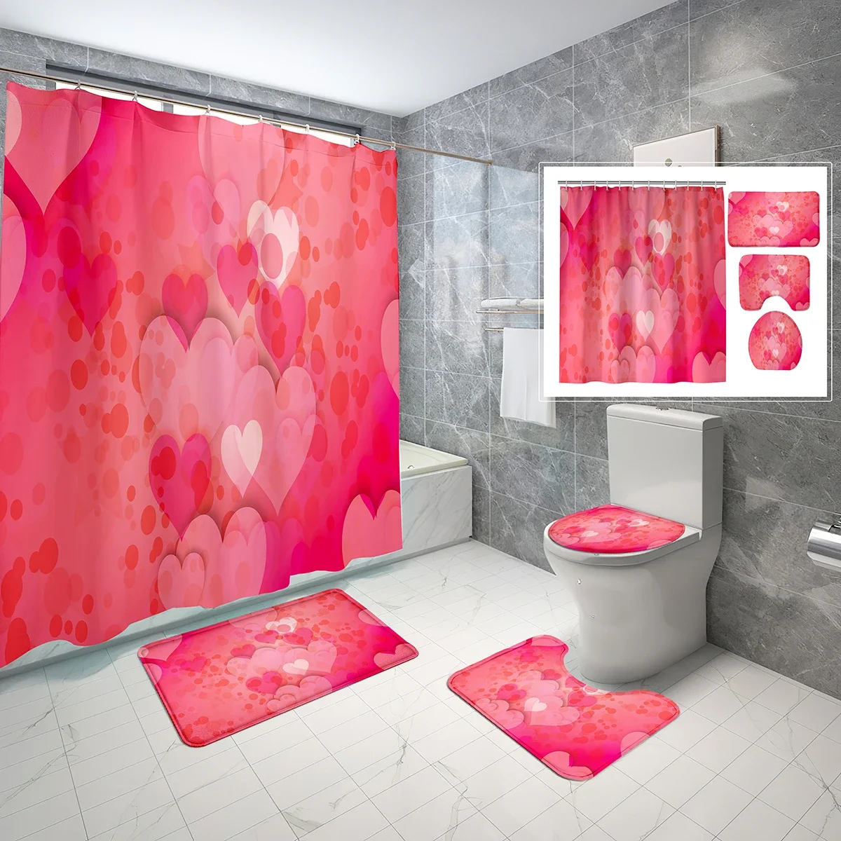 Pink Heart Shower Curtain Sets 4 Pcs with Non-Slip Rugs Mat Toilet Lid Cartoon Style Love Hearts Waterproof Shower Curtain Set