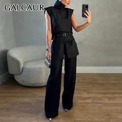 GALCAUR Office Solid Sets Women Stand Collar Sleeveless Spliced Belt Cutout Top High Waist Long Pant Suits Female 2024 Clothing