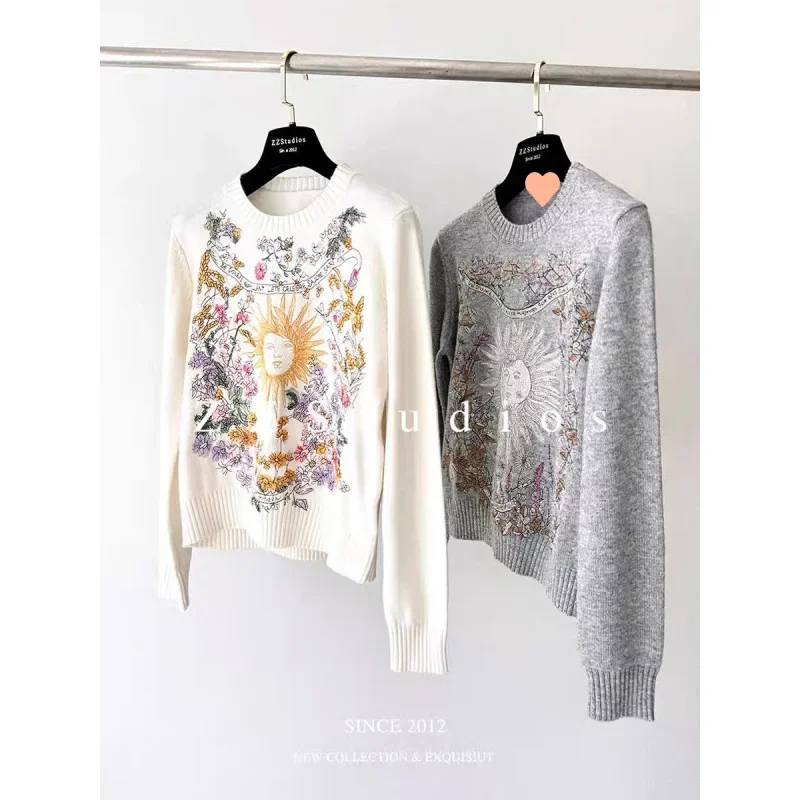 High-End Craftsmanship Deep Sea South Oil White Sunflower Embroidery Knit Top European Style Wool Sweater For Women Autumn/Winte