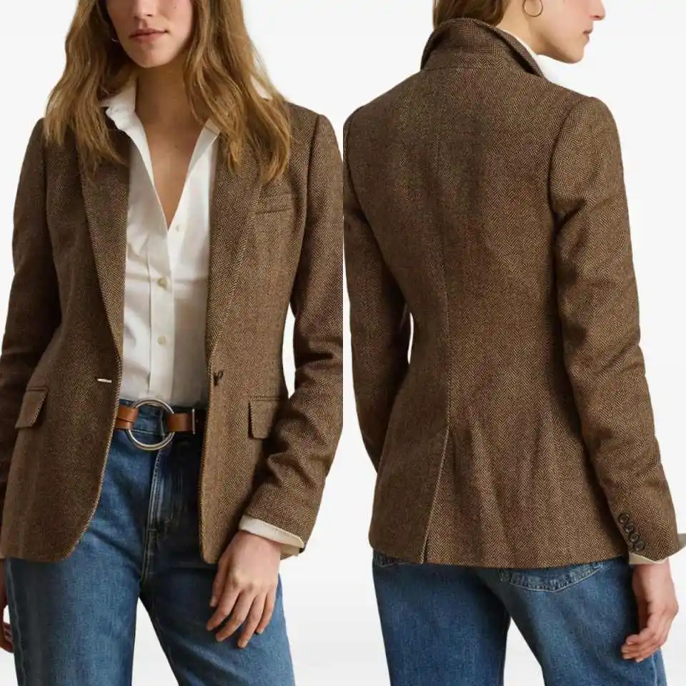 Elegant Ladies Herringbone Blazer Notch Lapel Single Button Slim Fit Casual Equestrian Office Jacket Customized