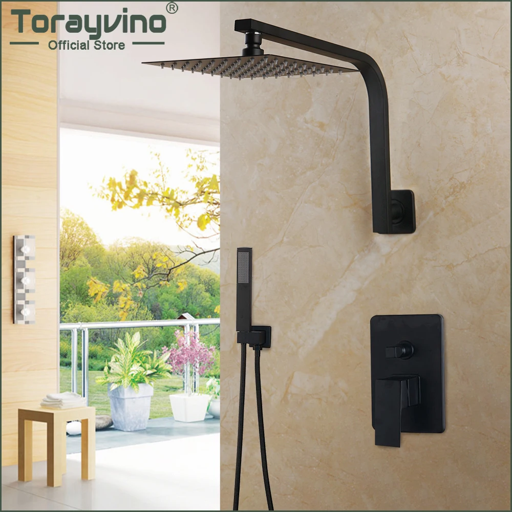 

Torayvino Matte Black Wall Mounted Faucet Set 8-16 Inch Brass Rainfall Shower Head Single Handle Mixer Tap Bathroom Shower