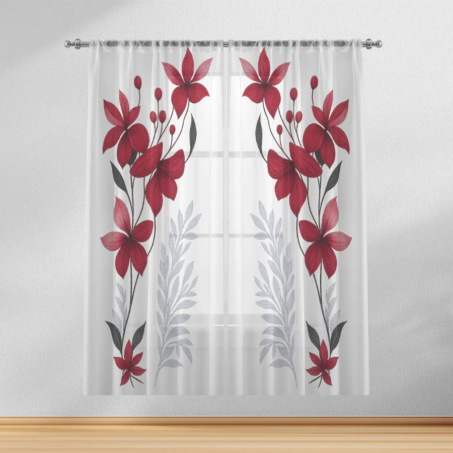 2PCS Digital Print Sheer Curtains, Lovely Red Lily Flowers, Bold Elegant Floral Summer Style for Bedroom Living Room Home Decor