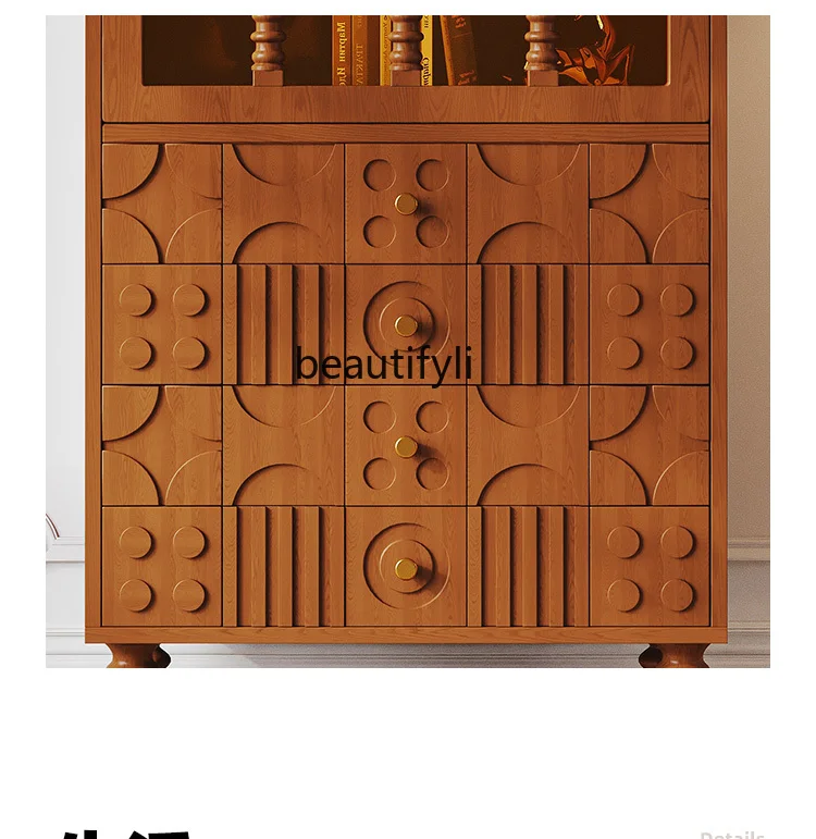 Chinese Ancient Style Retro Solid Wood Bookcase American Living Room Chest of Drawers Storage Side Cabinet French Log Style