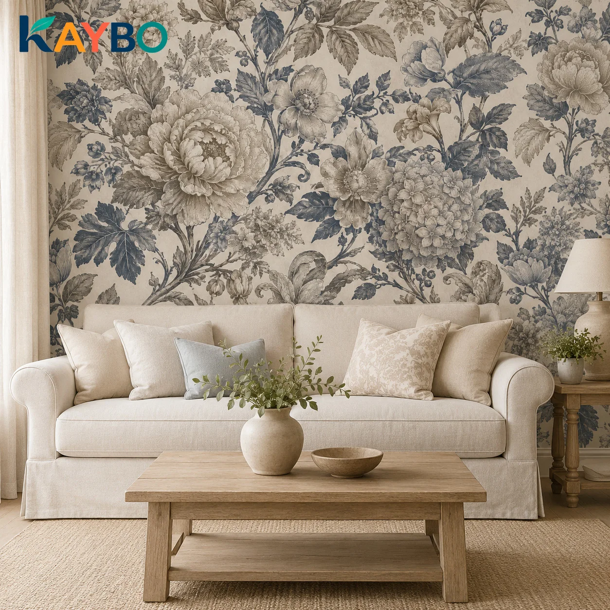 Custom French Country Blue Beige Floral Wallpaper Mural Peony Botanical Wall Decor Living Room Non Self Adhesive Requires Glue
