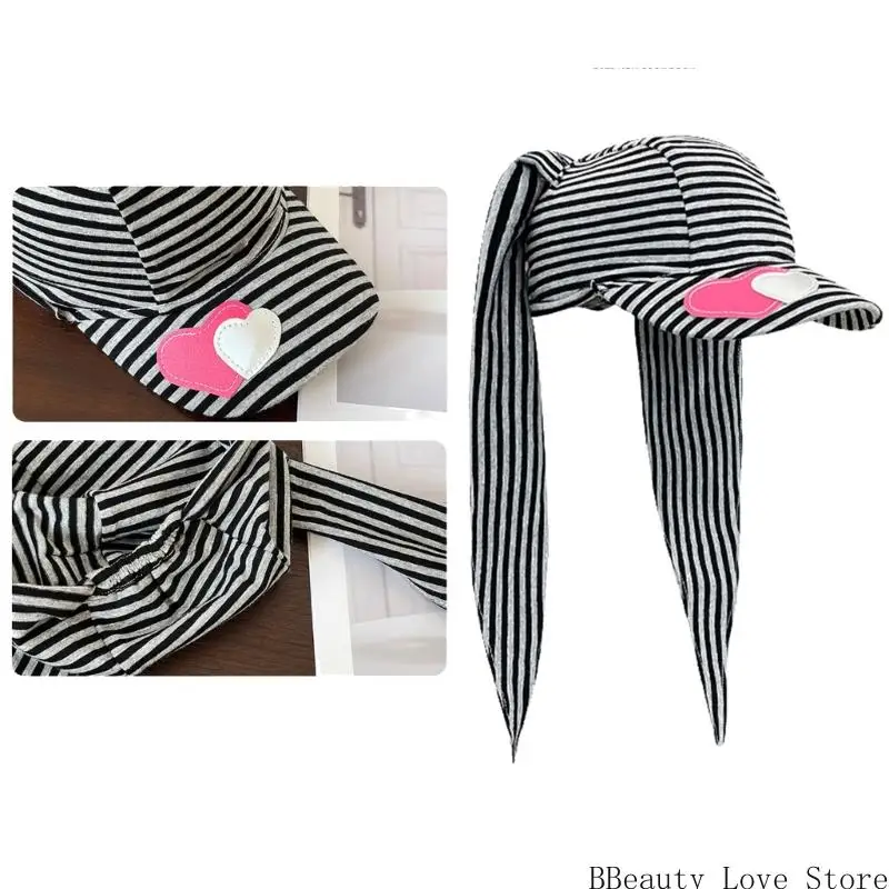 

Adjustable 2000s Long Ear Sunproof Hat with Heart Patches and Stripes Design For Fashion Enthusiasts Daily Wear