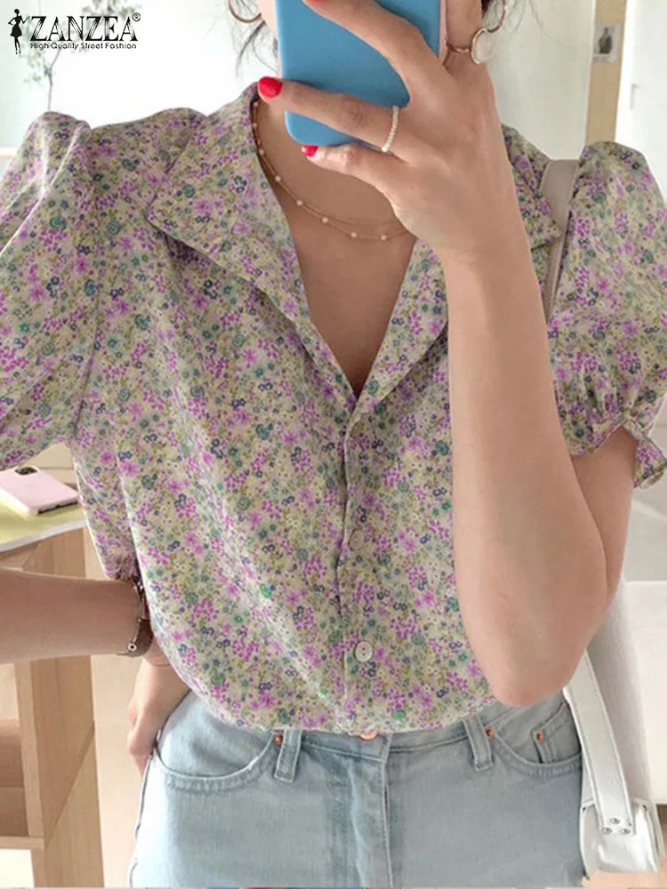 ZANZEA Koean Style Shirt Fashion Short Puff Sleeve Tops Bohemian Floral Printed Blouse 2024 Summer Holiday Lapel Neck Tunics