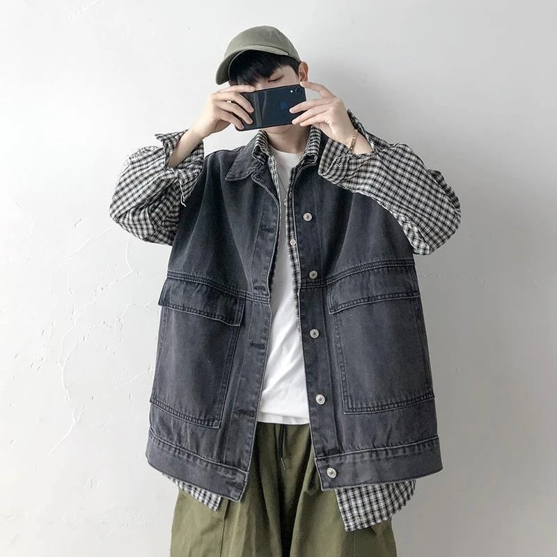 

Plus Size Men's Workwear Denim Vest Loose Fit Sleeveless Autumn Jacket Vintage Streetwear Trends for Big Tall Guys