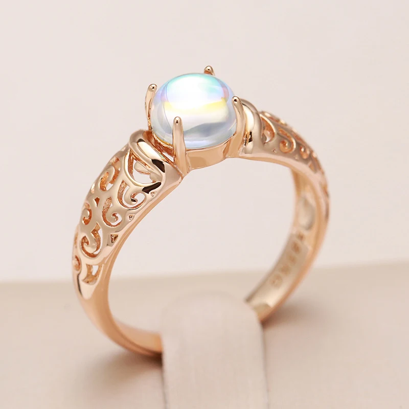 Kinel Hot Trend Moonstone Rings For Women 585 Rose Gold Color Hollow Flower Ethnic Bridal Ring Vintage Daily Fine Jewelry