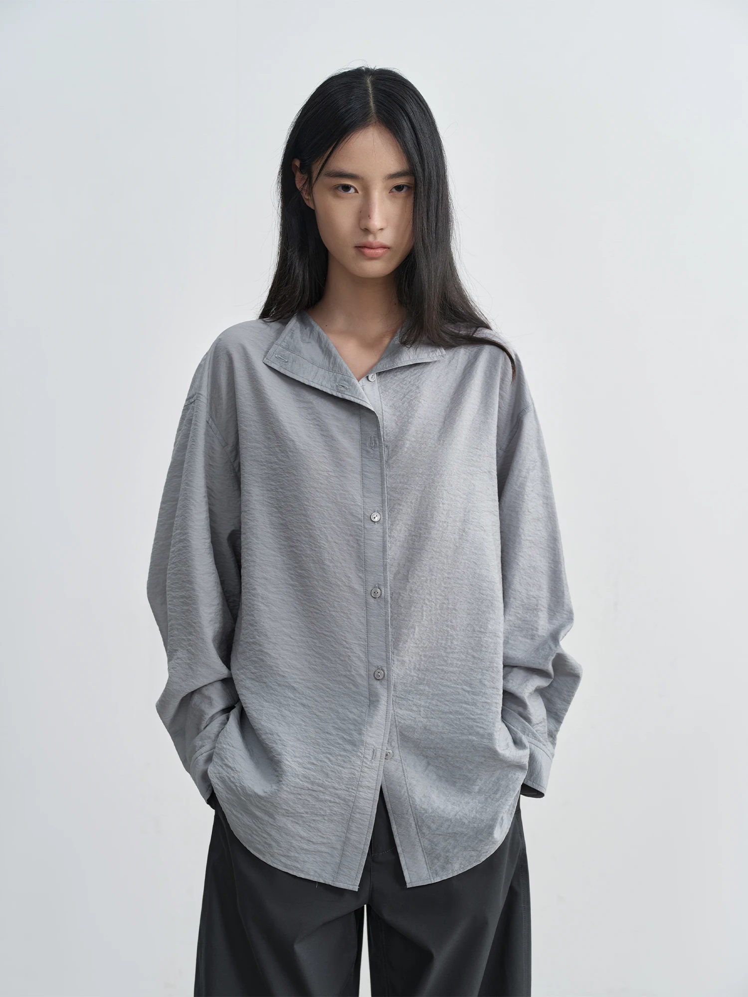 

HaveRice ay Pearl Silk Blend irt Women's Casual Loose Fit Long Sve High Collar Drapey Top Restaurant Luxury Faion