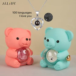 Eternal Rose Teddy Bear Gifts Box with Necklace Rotate Rose Jewelry Box Valentine Wedding Storage Gift Case for Women Girlfriend