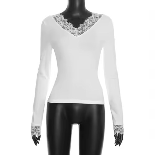 Tornova V neck Lace T shirt Top Women Sexy Navel Exposed Pullover Fashion Splice Hot Girl Club Party Top Autumn New Lady T shirt - Image 9