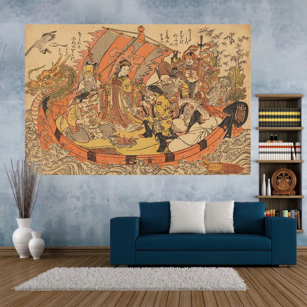 

QdDeco Seven Blessed Gods Pattern Tapestry Japanese Style Sofa Blanket Lucky Wall Hanging Aesthtic Decoration