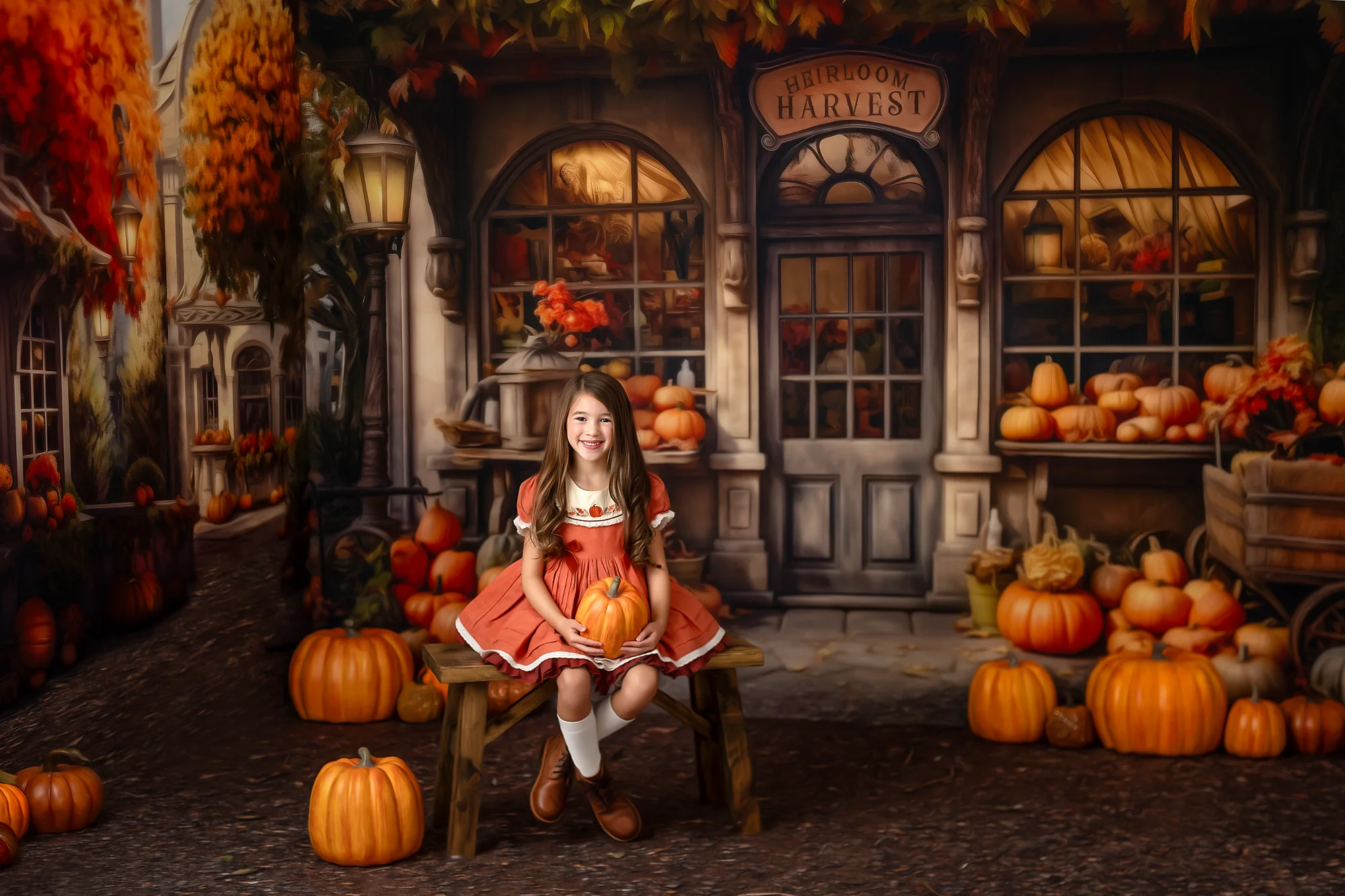 Autumn Harvest Street Backdrop Kids Photography Child Adult Photocall Props Baby Birthday Fall Farm Halloween Pumpkin Background