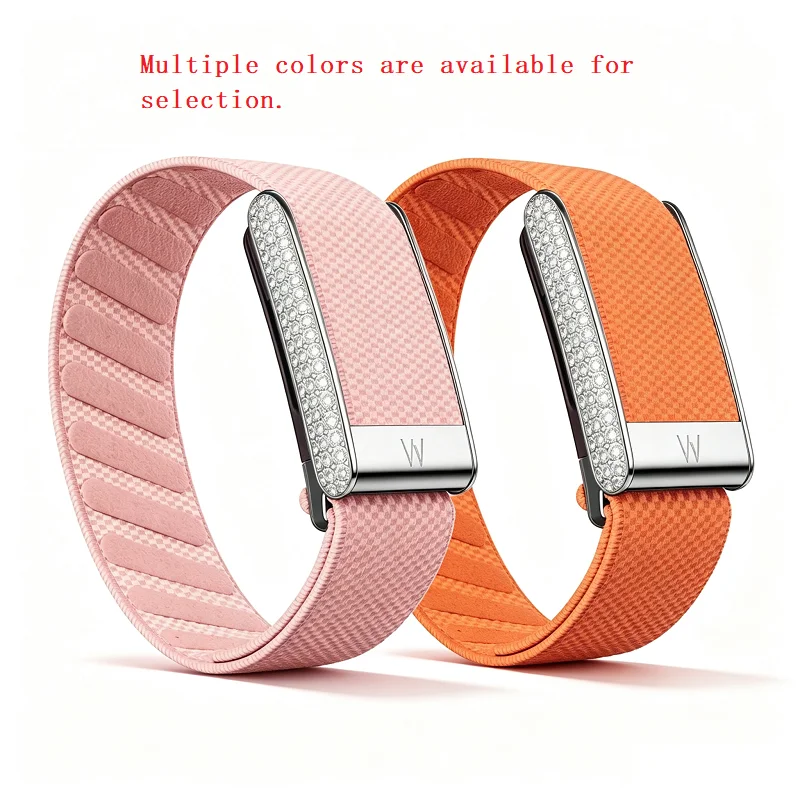 Diamond-Embedded Whop5.0 Nylon Woven Elastic Casual Wristband with Full-Diamond Bright Silver Metal U-Frame
