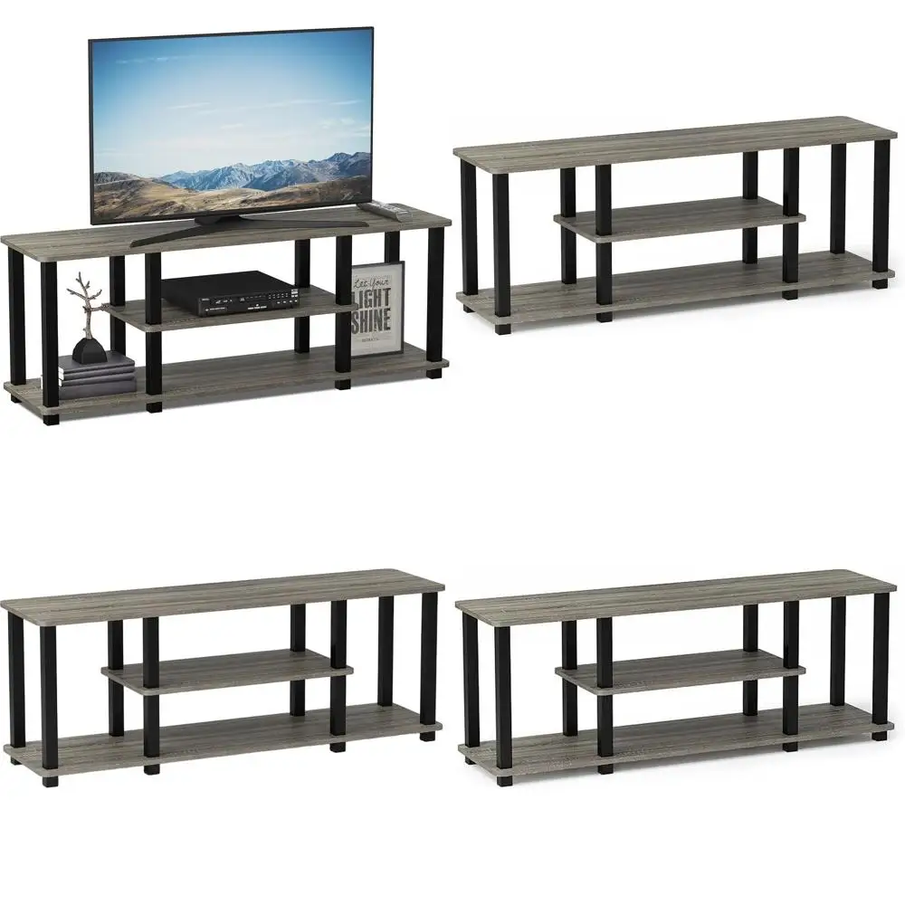 

3D Entertainment TV Stand, 15mm Composite Wood, 3-Tier Square Tube, French Oak & Gray Finish, 10-Minute Tool-Free Assembly