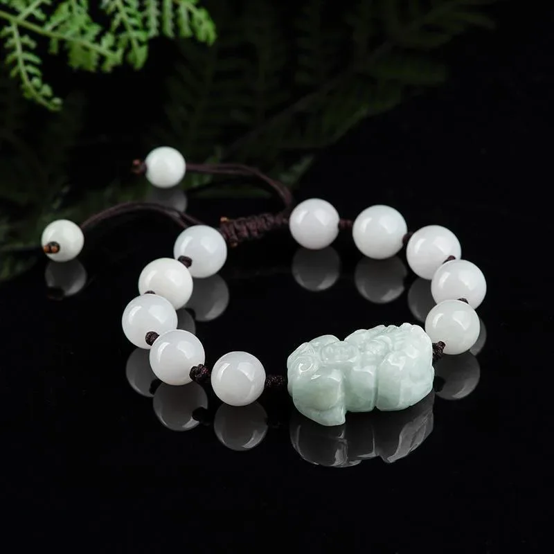 Pulsera de Jade Natural para mujer, brazalete ajustable de Pixiu con cuentas de 10mm, esmeralda de Burma, accesorios de moda tallados a mano,