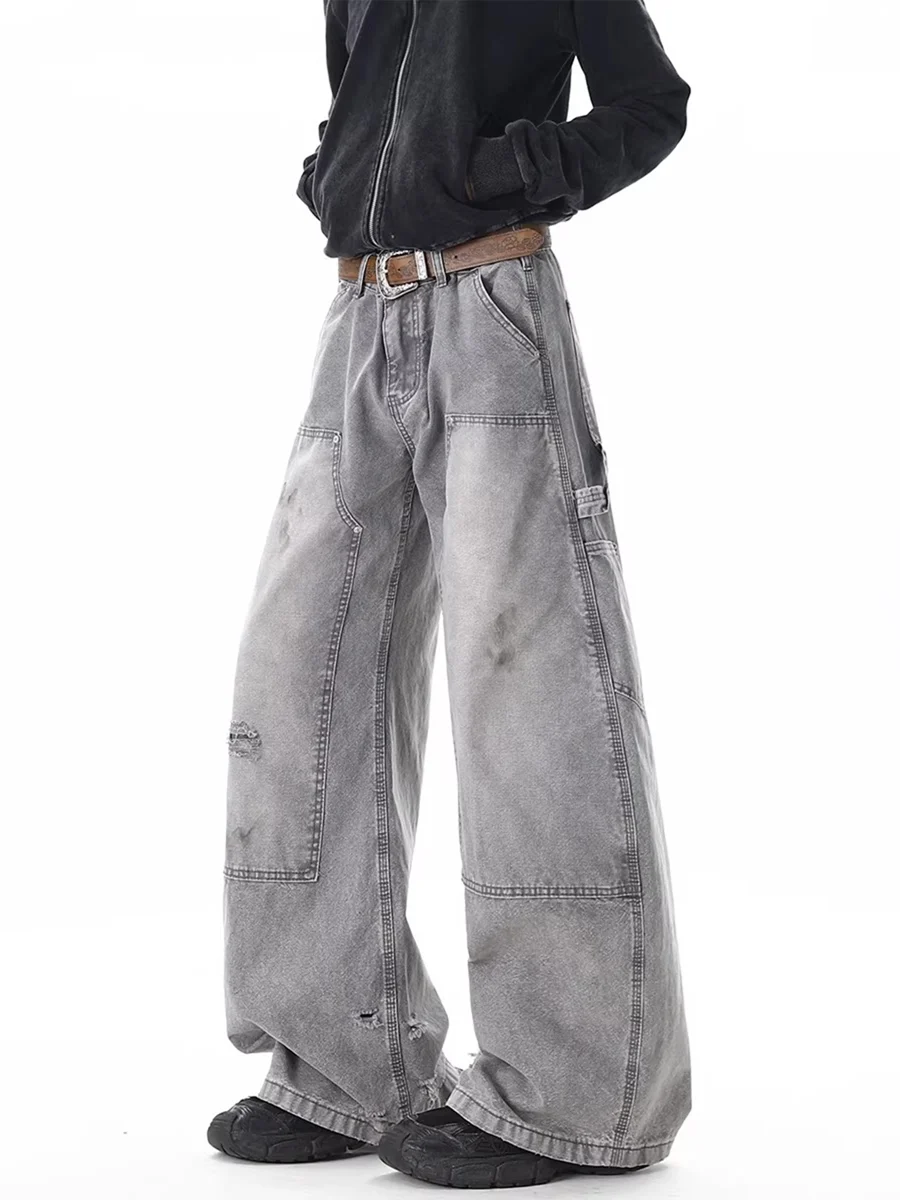 

Американские джинсы-карпентеры с эффектом потертости, свободные, широкие, длинные брюки в винтажном стиле Cleanfit для мужчин и женщин, весенняя уличная мода