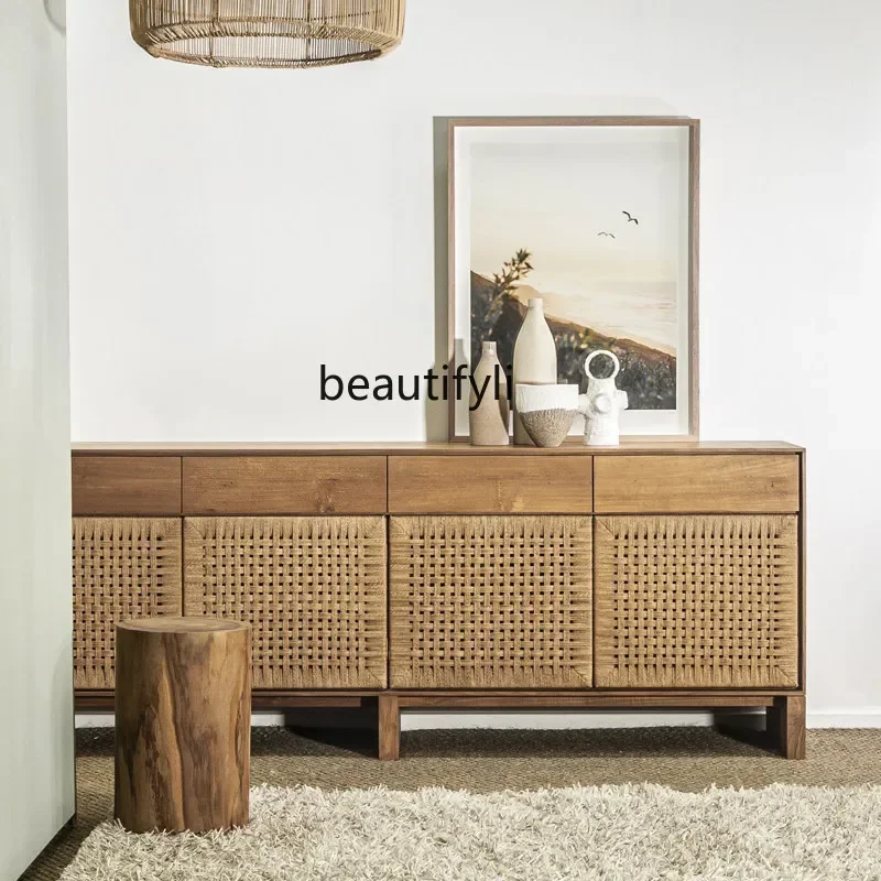 TTT Medieval solid wood dining side cabinet braided rope living room wall locker simple modern tea cabinet