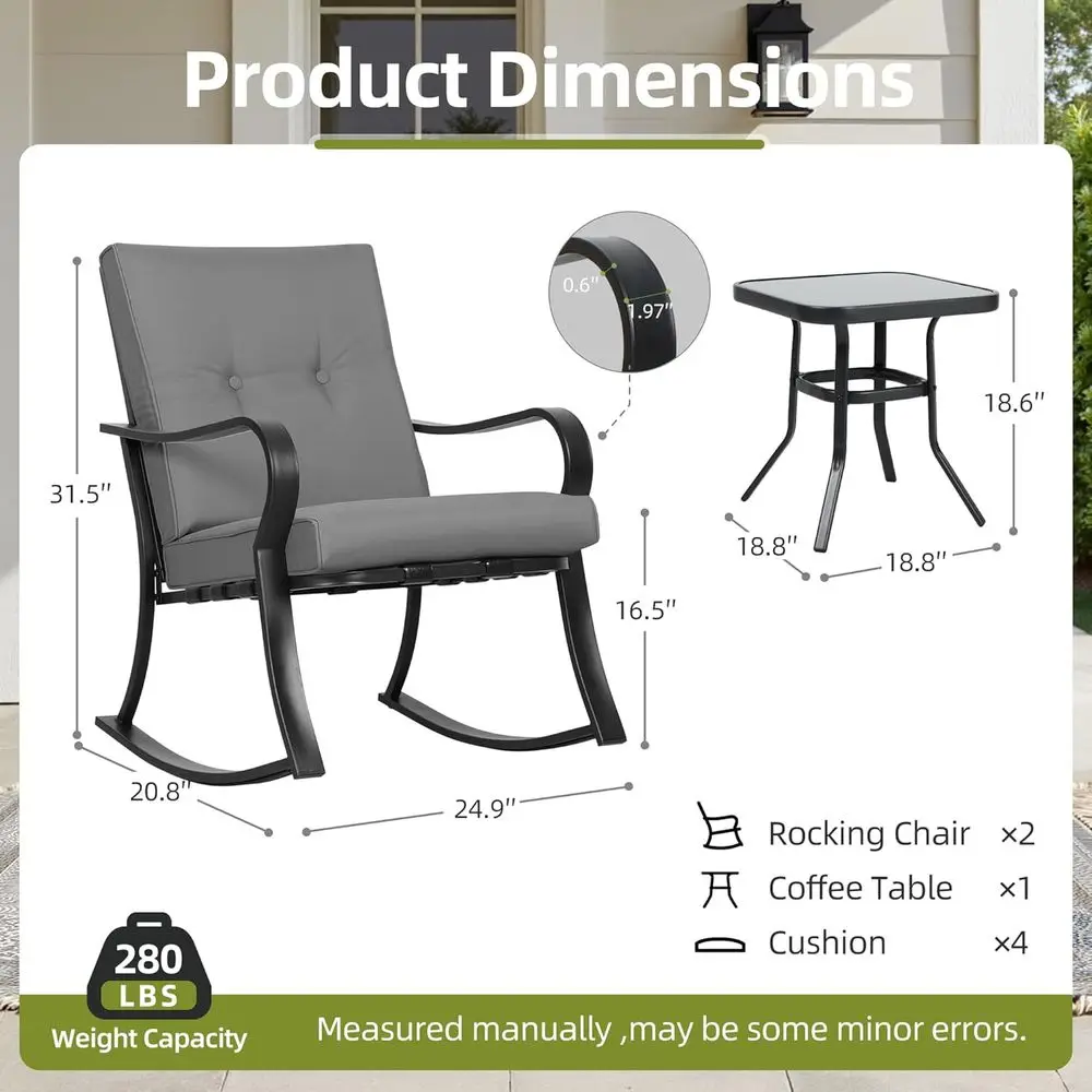 Outdoor 3-Piece Rocking Chairs Patio Bistro Set Black Steel urniture with Thickened Cushion and Glass-Top Coee Table, Grey view 3