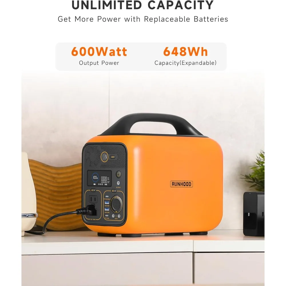 Portable Power Station Rallye 600, 648Wh Hot Swappable&Replacebale Battery, Full Power in Seconds, Modular Solar Generator