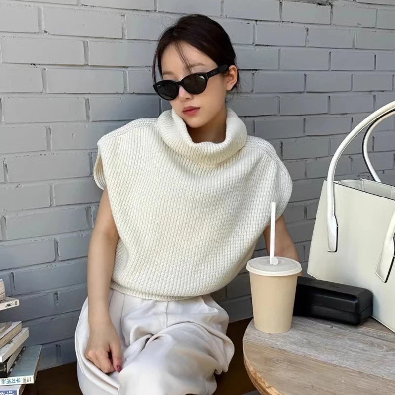 Chic Autumn High Collar Loose Women's Knitted Sweater Pure Color Svel Vest Faionable Comfortable Soft Texture