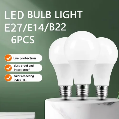 가정용 LED 조명용 LED 전구, 설치 용이 및 내구성, 거실에 적합, B22, E27, E14, 3W, 6W, 9W, 12W, 15W, 20W, 220V, 6 개 