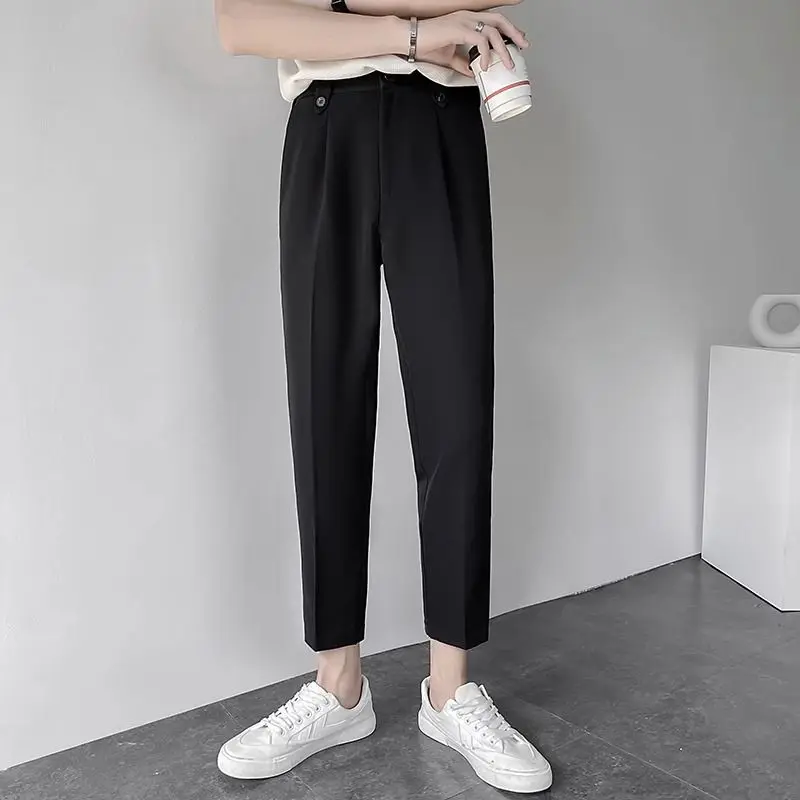 Men's Spring Autumn Premium Drape Cropped Dress Pants Mature Style Loose Straight Leg Casual Trousers