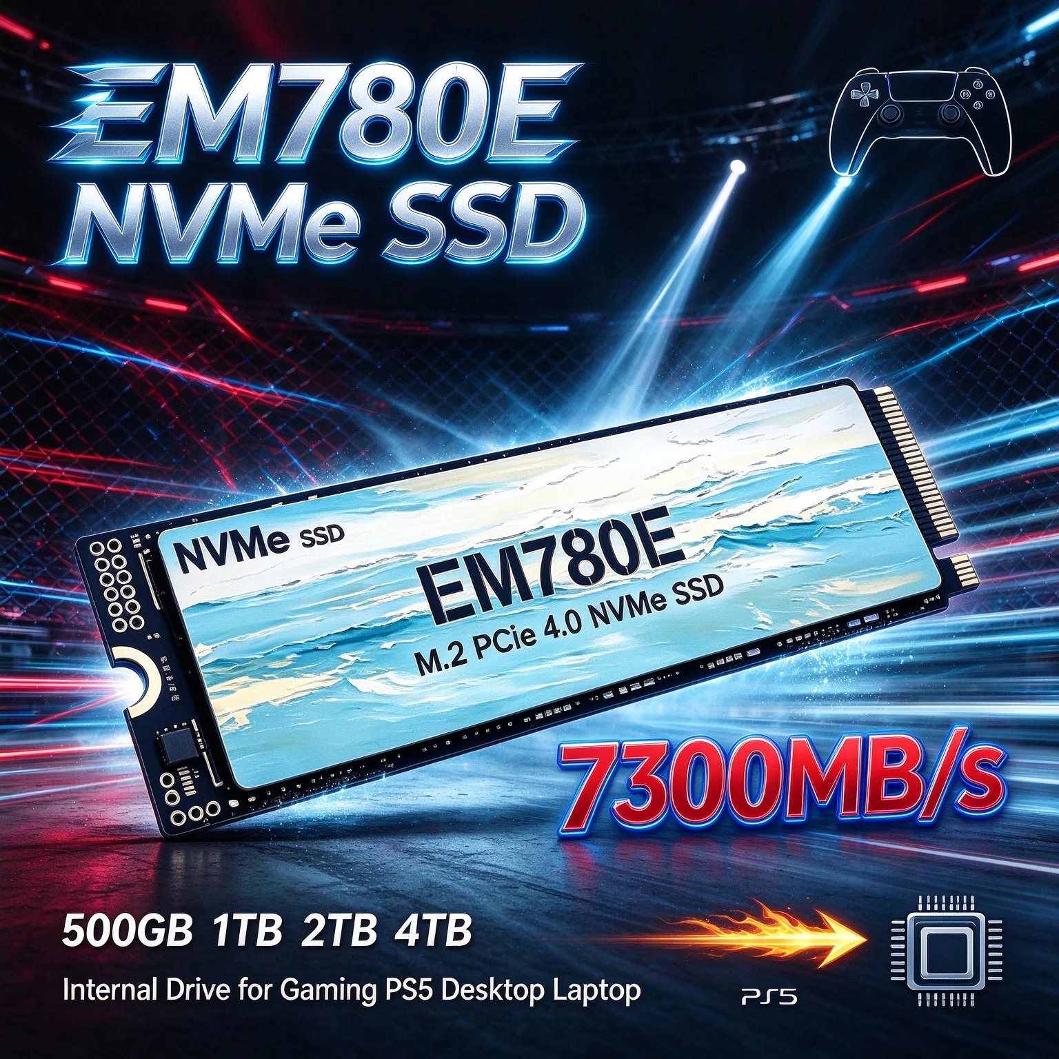 7300MB/s EM780E NVMe SSD PCIe 4.0 M.2 4TB Maximum Storage, Internal Drive for PS5 Desktop Laptop, Reliable Stable Built to Last