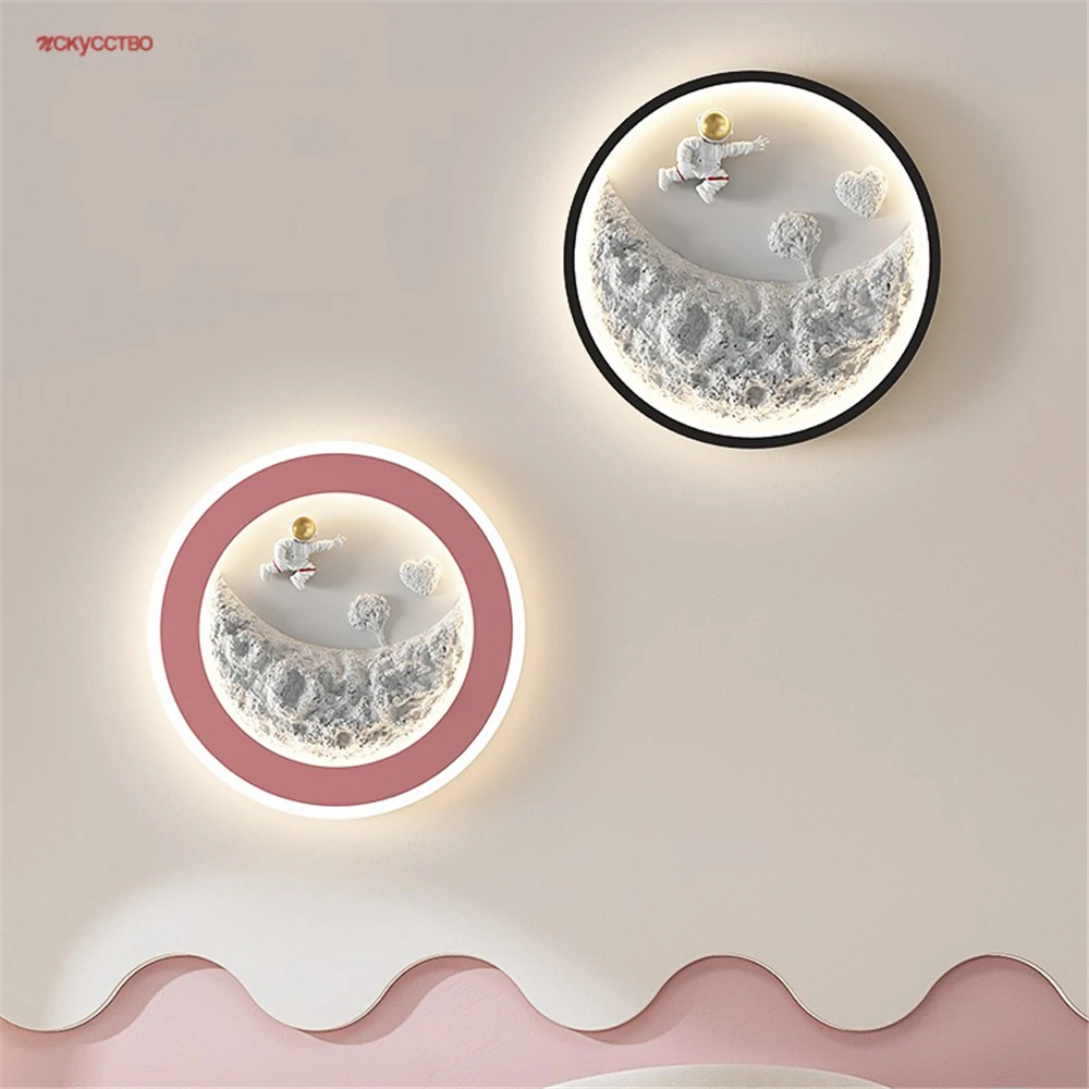 Children'S Room Round Astronaut Moon Led Wall Lamp Bedroom Decorations Boys Girls Bedside Sleeping Night Light Aisle Sconces Art