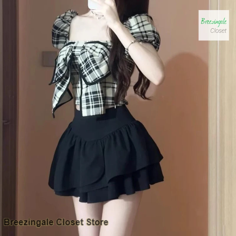 

French pure wind bow plaid short-sleeved shirt suit women's summer new fashion temperament Western style dress two-piece suit.