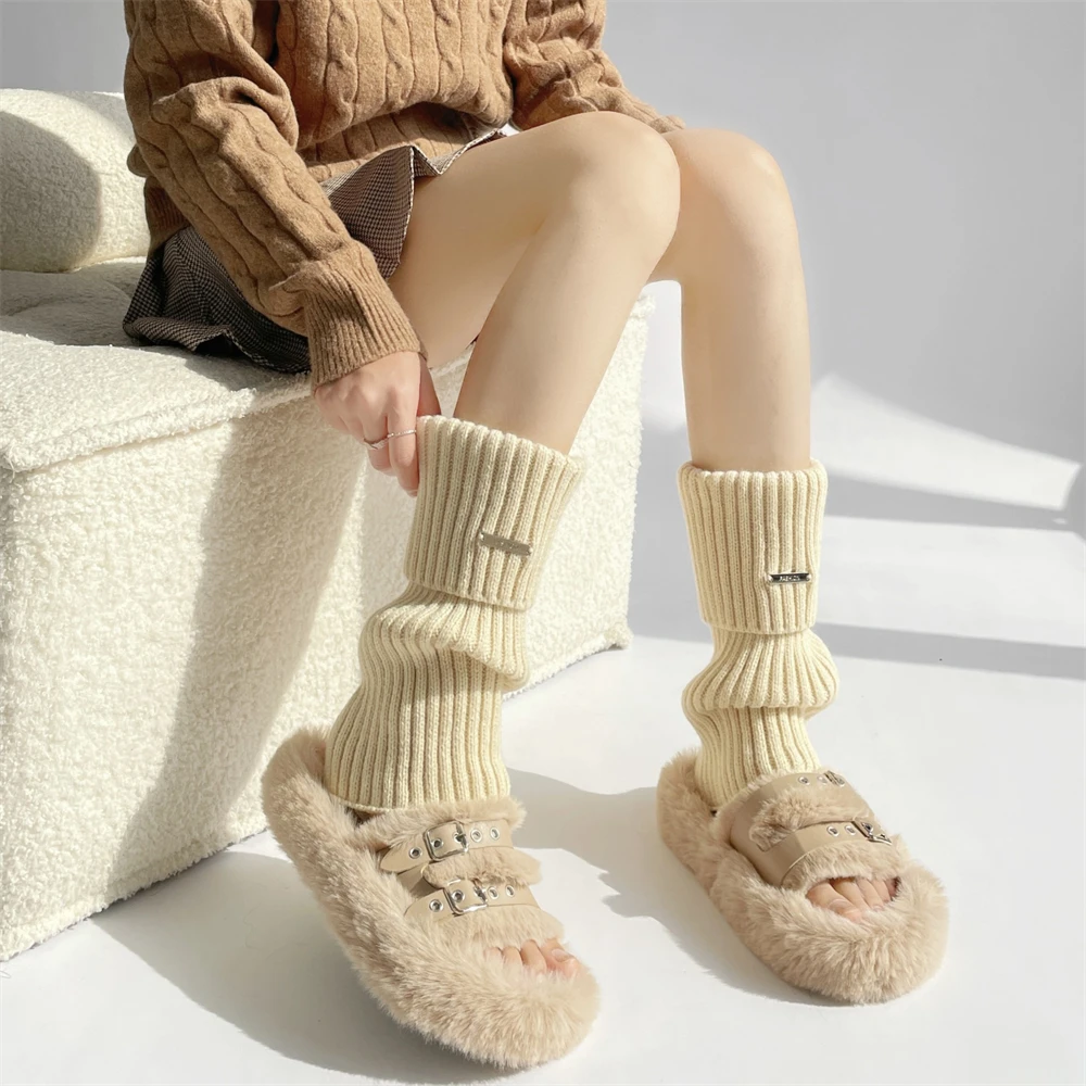 Y2K Girls Loose Knitted Leg Warmers Kawaii Handwork Solid Color Leggings Autumn Winter Warm Foot Cover JK Lolita Long Socks Gift