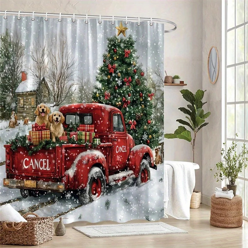 Festive Red Vintage Pickup Truck Shower Curtain - Christmas Decor with Two Cheerful Golden Retrievers