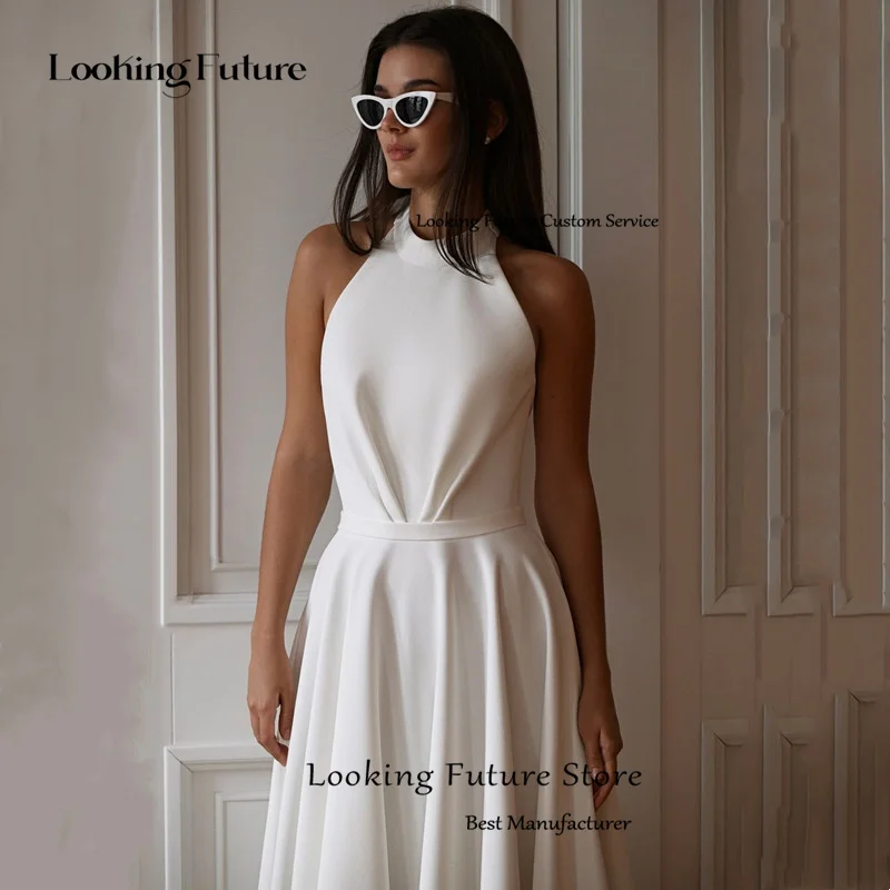 Elegant A-Line Ivory Wedding Dresses Simple Halter Neck Sleeveless Ankle-Length Bridal Gowns Plest Sexy Backless 2025 Customized