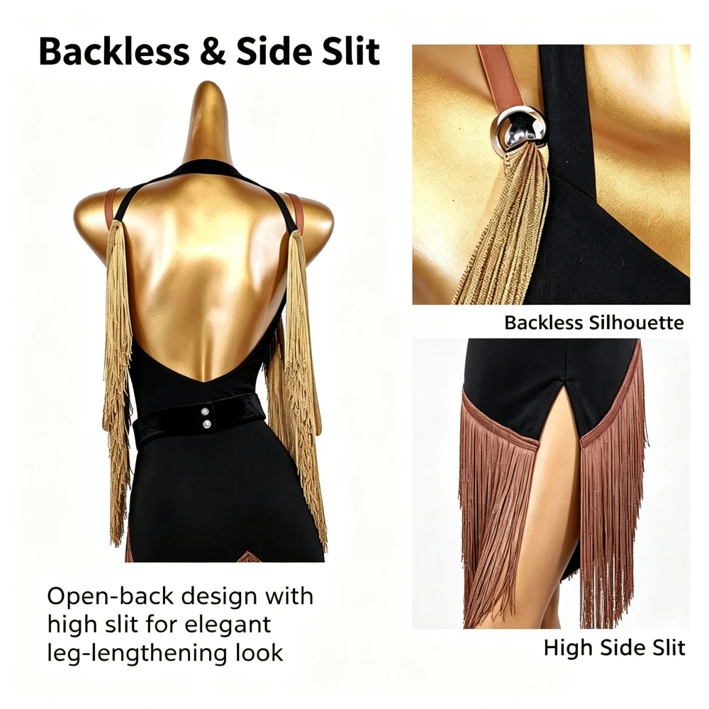 New Sleeveless Backless Latin Dance Dress For Women Black Brown Gold Fringe Tango Salsa Ballroom Dance Competition Outfit