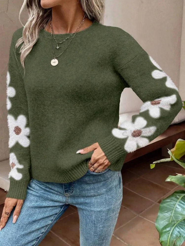 2024 Flower Sweater Women Fashion Round Neck Printed Long Sleeve Knitted Pullover Popular Top Autumn Winter Sweaters