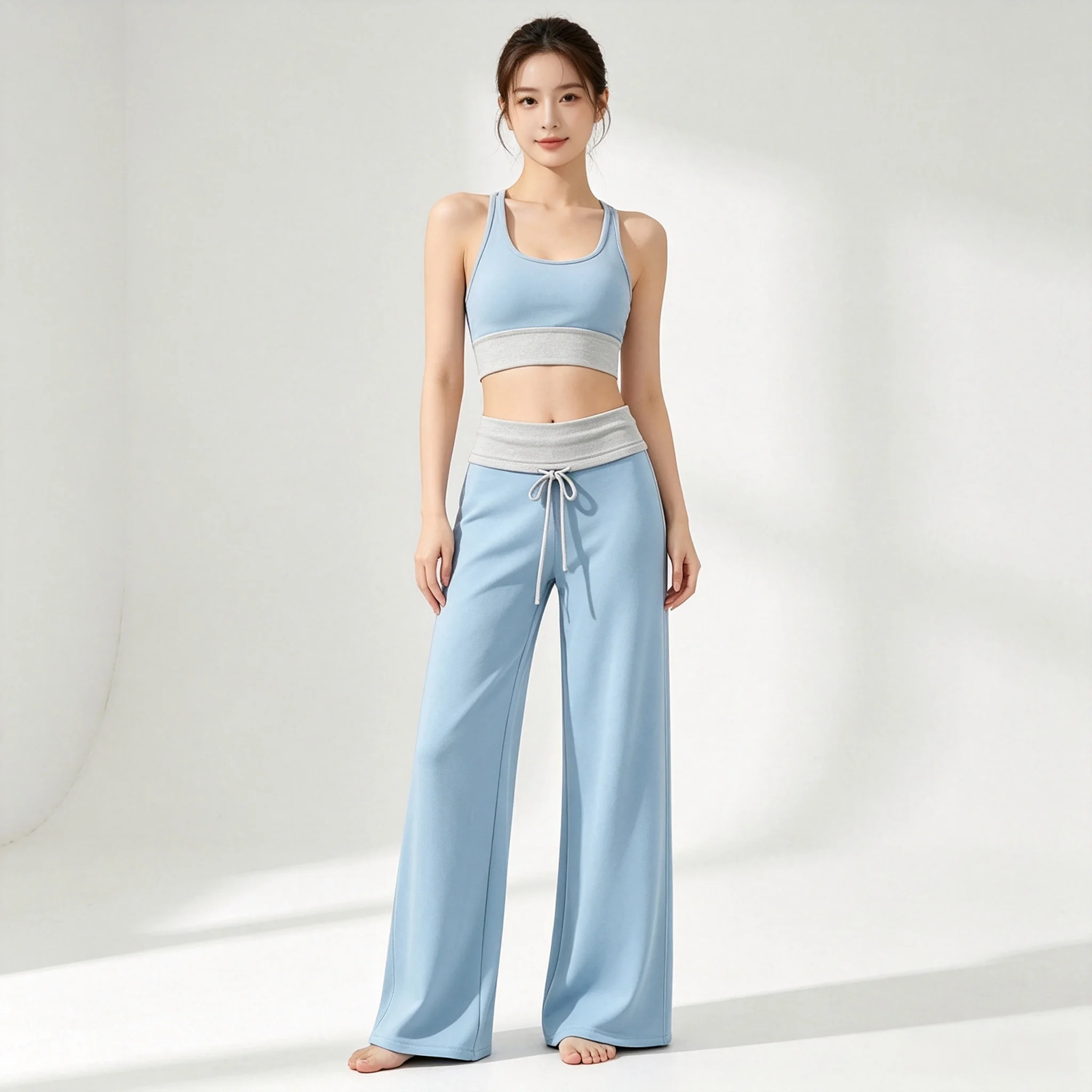Damen-Freizeit-Sweatpants mit weitem Bein, umlegbarem Bund, ausgestelltem Schnitt, Yoga-Lounge-Hose, Pilates, Outdoor-Sport, Training, genähte Leggings – Detail 9