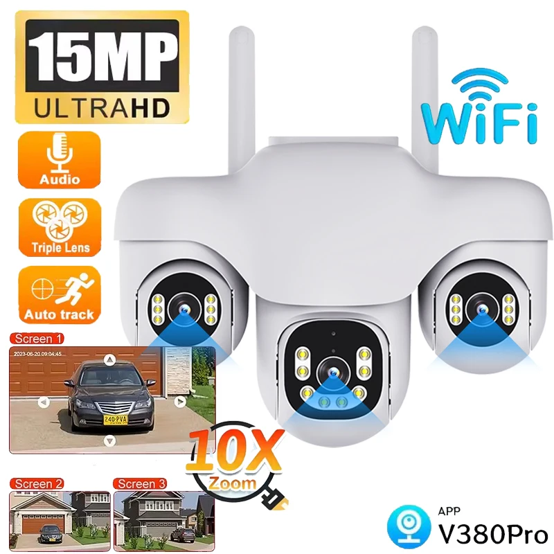 

15-мегапиксельная Wi-Fi камера с тройным объективом, двусторонняя аудиосвязь, наружная охранная камера видеонаблюдения, водонепроницаемая камера со встроенным аккумулятором, беспроводная сетевая камера V380 Pro