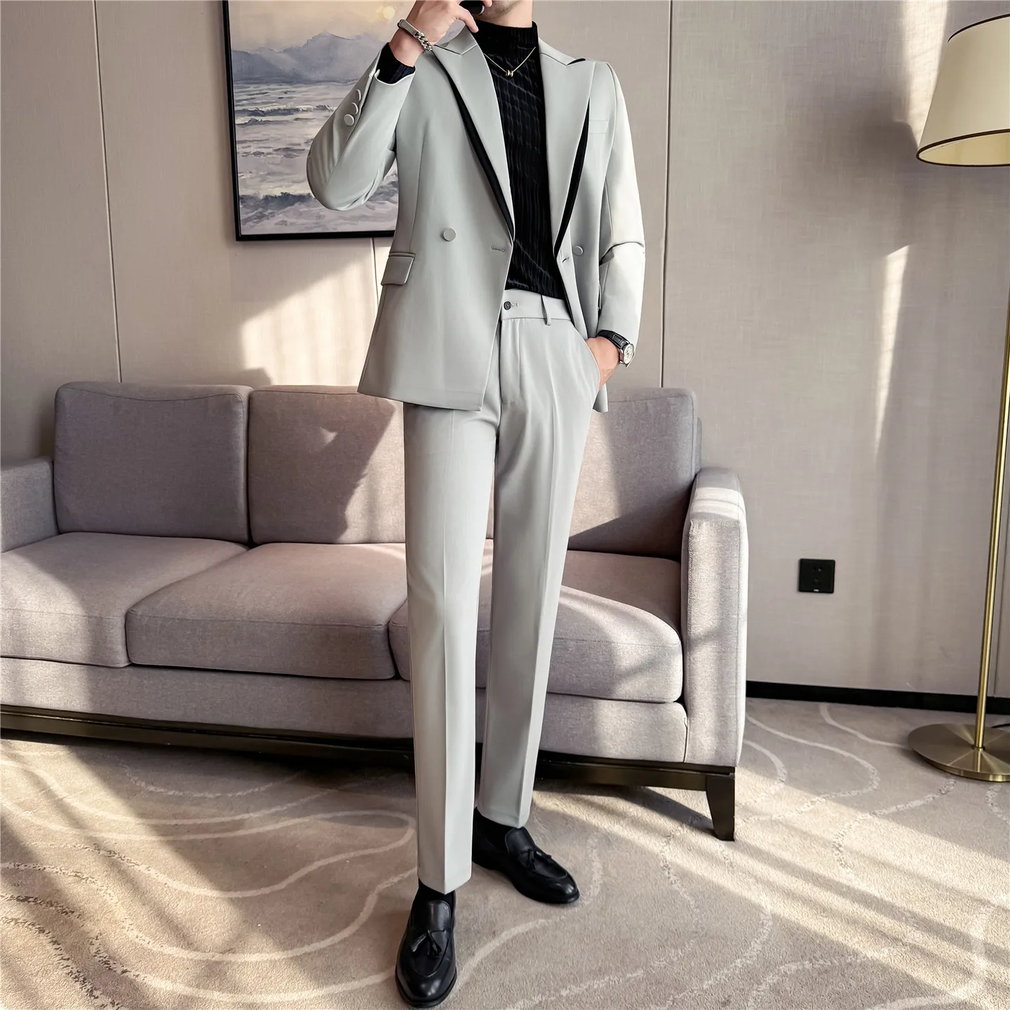 

Men's Thick Wool Blend Double Layer Lapel Suit Set | Lyocell Luxury 2-Piece Formal Blazer & Pants